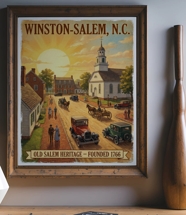 Winston-Salem, N.C. Old Salem Heritage, founded 1766 vintage street scene with cars.