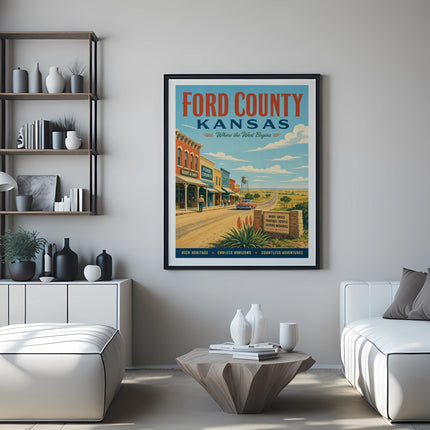 Ford County, Kansas travel poster with "Where the West Begins" text.