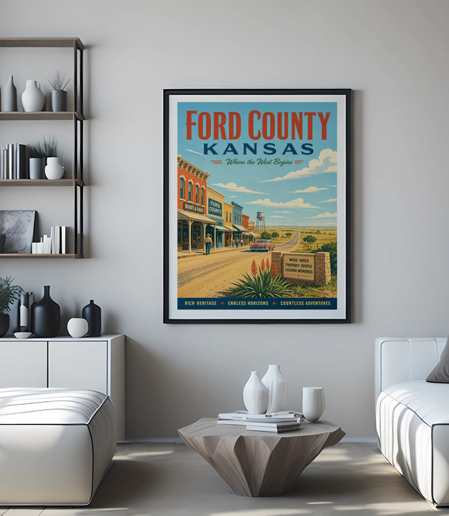 Ford County, Kansas travel poster with "Where the West Begins" text.