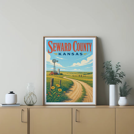 Seward County Kansas poster with windmill, farm, and sunflowers.