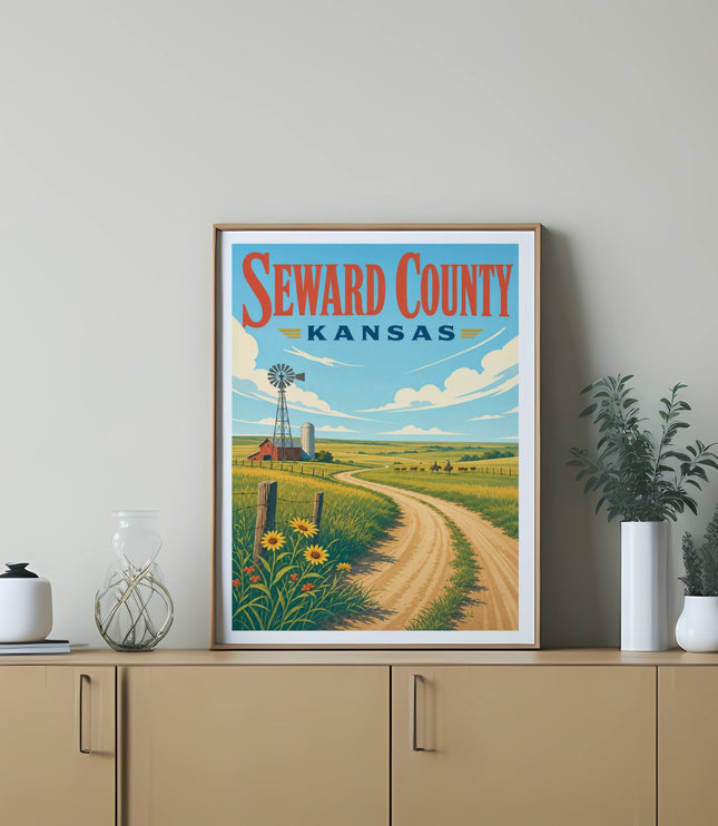 Seward County Kansas poster with windmill, farm, and sunflowers.
