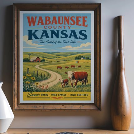 Wabaunsee County, Kansas travel poster with rolling hills, cows, and text.