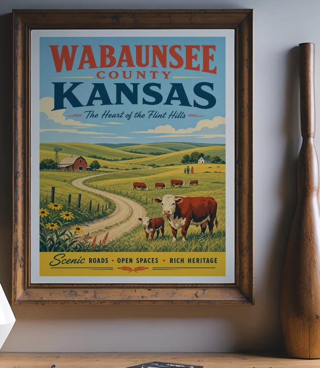 Wabaunsee County, Kansas travel poster with rolling hills, cows, and text.