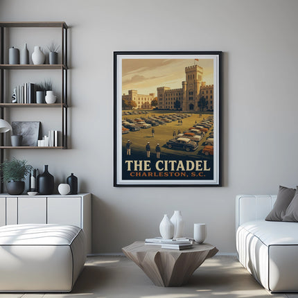 Poster featuring "THE CITADEL CHARLESTON, S.C." with vintage cars and buildings.