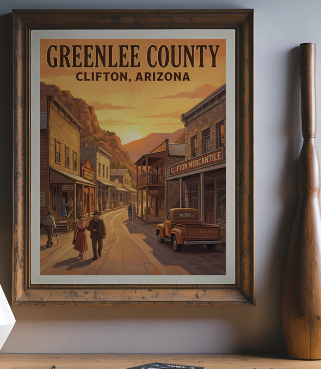 Vintage poster art of Greenlee County, Clifton, Arizona with street scene.