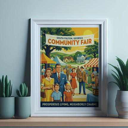 Framed poster of South Fulton, Georgia Community Fair with text and families.