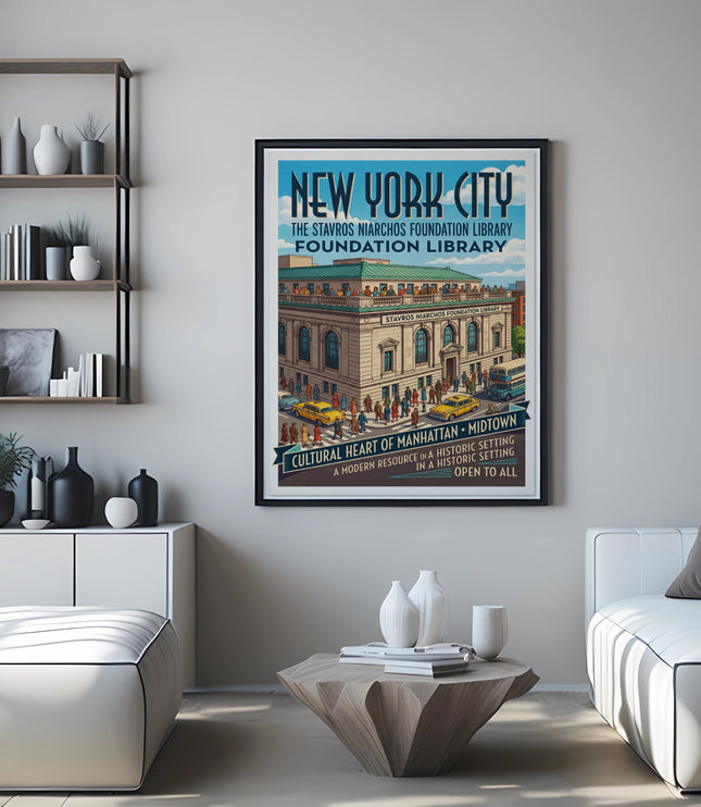 New York City Stavros Niarchos Foundation Library poster with a vintage illustration.
