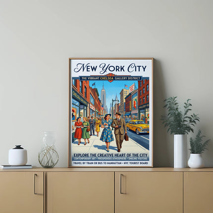 Vintage New York City poster depicting people and a yellow taxi in the Chelsea Gallery District.