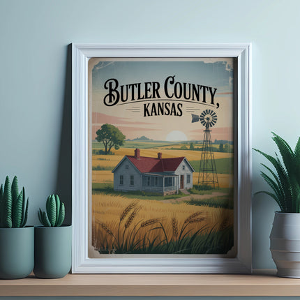 Butler County, Kansas vintage travel poster with house, windmill, and wheat field.