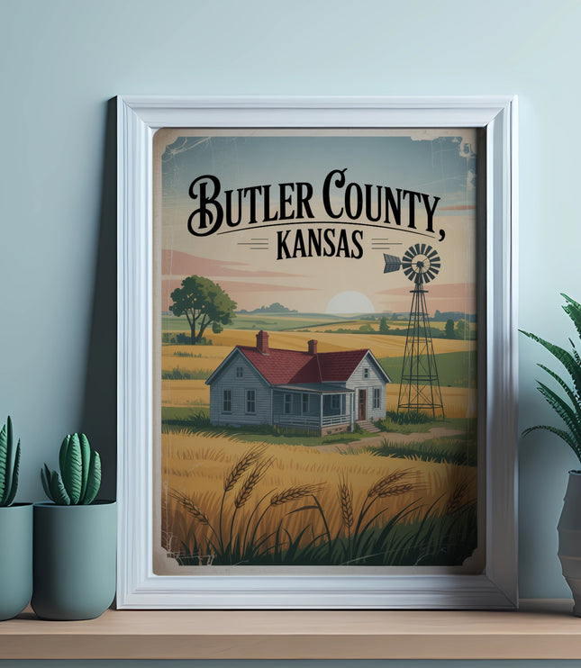Butler County, Kansas vintage travel poster with house, windmill, and wheat field.