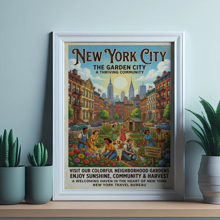 New York City, Greenwich Village Community Garden poster with colorful illustrations.