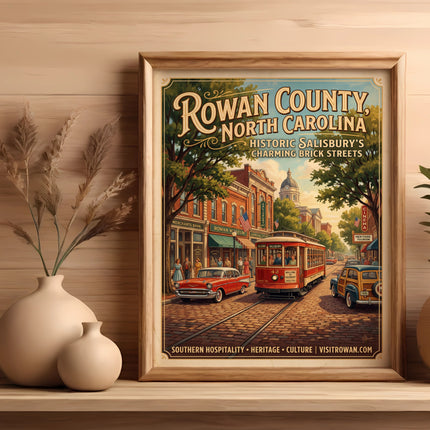 Rowan County, North Carolina vintage street scene with trolley and classic cars.