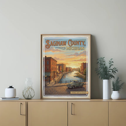 Saginaw County Michigan vintage travel poster with riverfront buildings and truck.