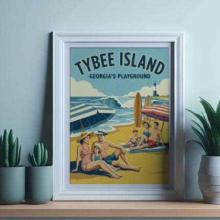 Framed vintage poster of TYBEE ISLAND GEORGIA'S PLAYGROUND beach scene.