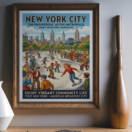 New York City skate park poster featuring people skateboarding and city skyline.