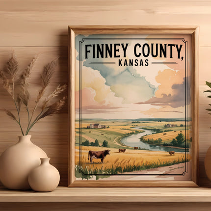 Framed art print of Finney County, Kansas landscape with cows, river, and clouds.