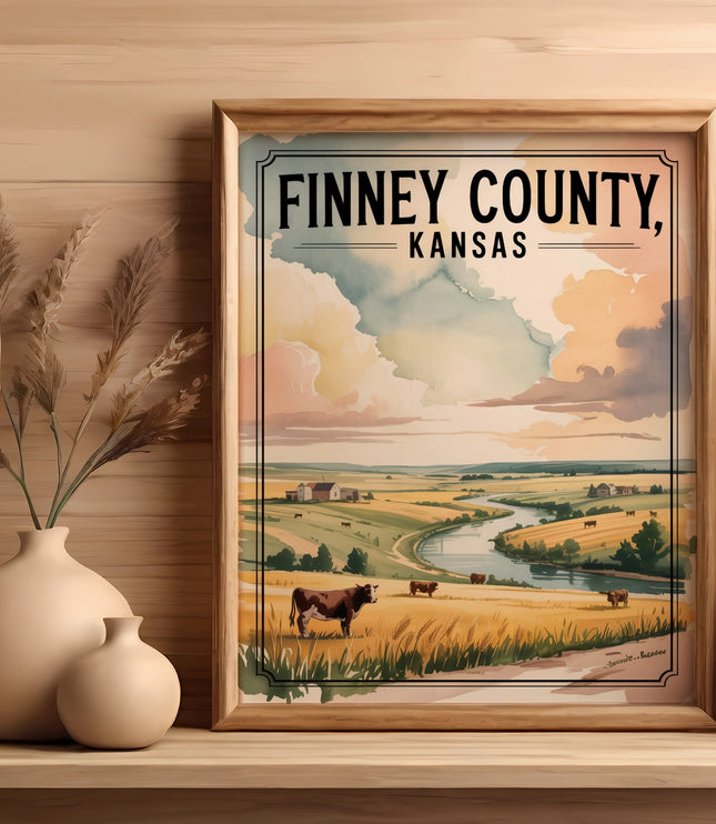 Framed art print of Finney County, Kansas landscape with cows, river, and clouds.