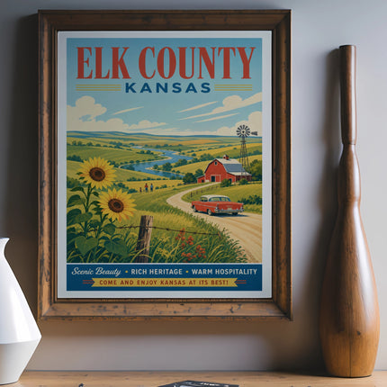 Vintage Elk County, Kansas travel poster with scenic landscape and car.