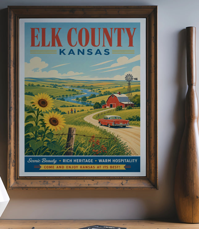 Vintage Elk County, Kansas travel poster with scenic landscape and car.