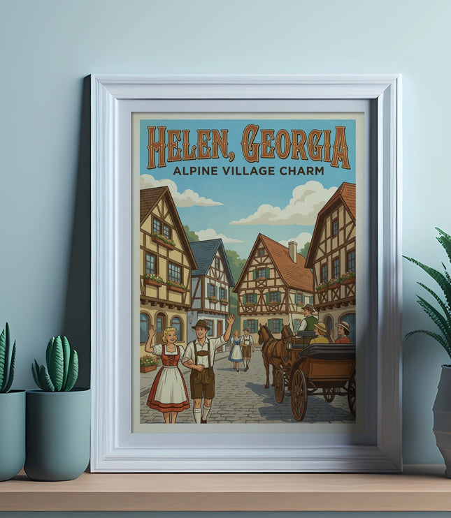 Framed "Helen, Georgia Alpine Village Charm" poster shows Bavarian-style buildings and people.
