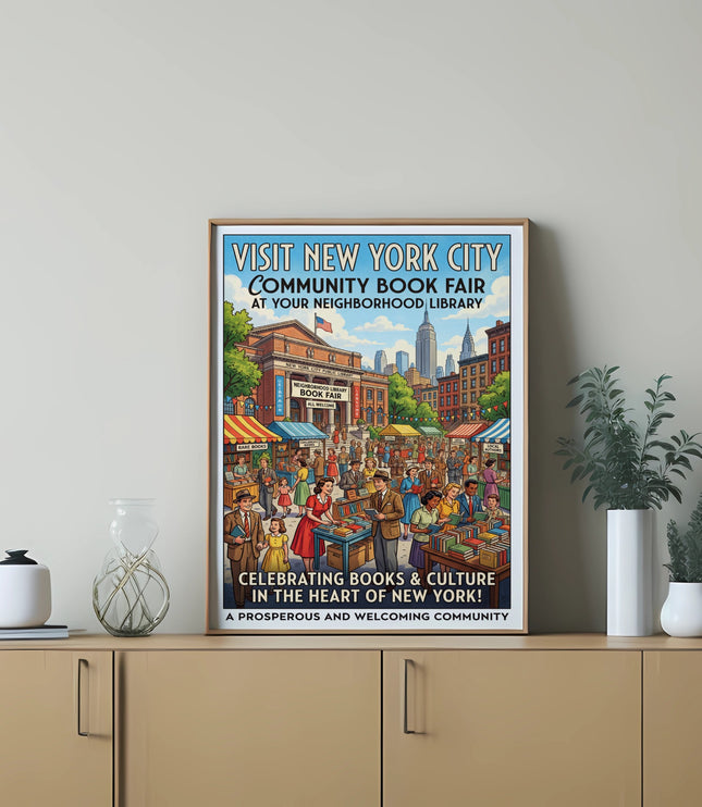 New York City Community Book Fair poster at neighborhood library, celebrating books and culture.