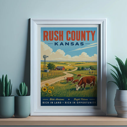 Poster for Rush County, Kansas, featuring cows, a windmill, and fields.