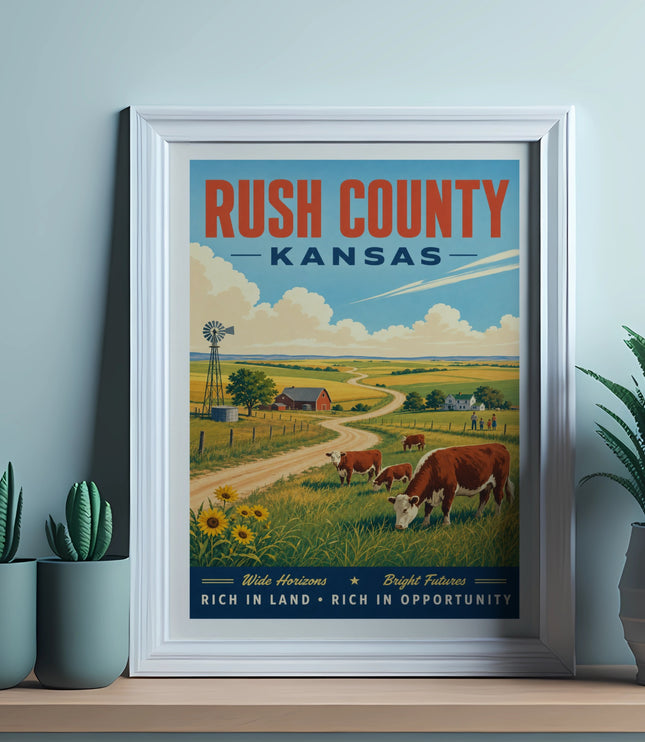 Poster for Rush County, Kansas, featuring cows, a windmill, and fields.