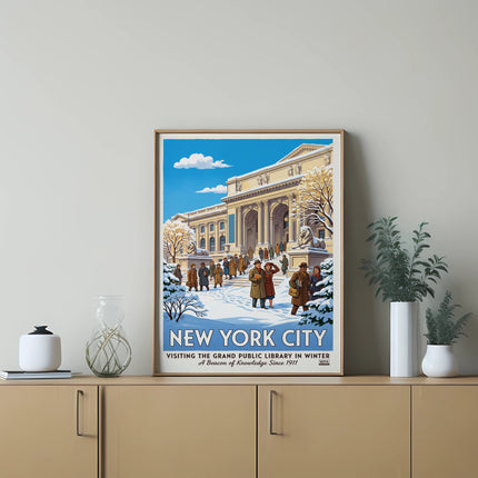 New York City vintage poster of the Grand Public Library in winter.