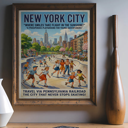 New York City travel poster by Pennsylvania Railroad, featuring children skating.
