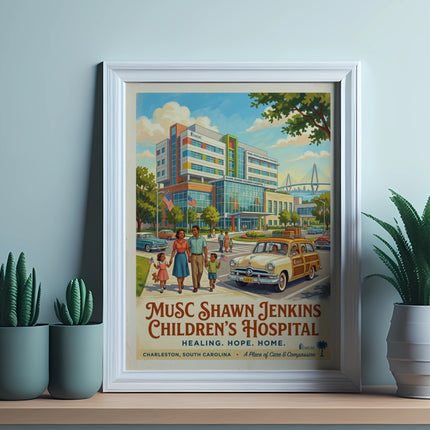 Poster of MUSC Shawn Jenkins Children's Hospital with family and vintage car.