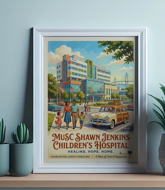Poster of MUSC Shawn Jenkins Children's Hospital with family and vintage car.