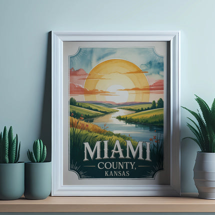 Framed artwork depicting a vibrant landscape with text "Miami County, Kansas".
