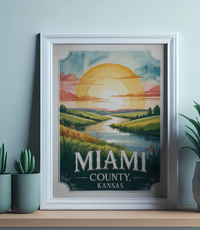 Framed artwork depicting a vibrant landscape with text "Miami County, Kansas".