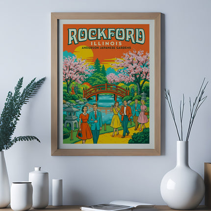 Retro poster art of Rockford, Illinois Anderson Japanese Gardens with people and cherry blossoms.