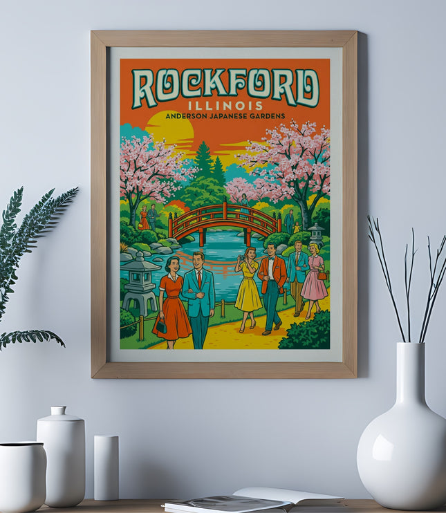 Retro poster art of Rockford, Illinois Anderson Japanese Gardens with people and cherry blossoms.