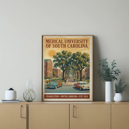 Medical University of South Carolina, Charleston, vintage poster with cars and buildings.