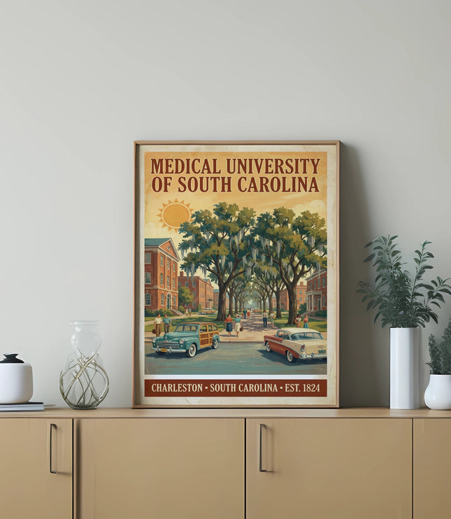Medical University of South Carolina, Charleston, vintage poster with cars and buildings.