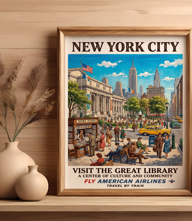 "New York City" poster featuring the library, Empire State Building, and people.