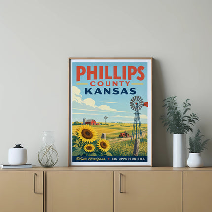Phillips County Kansas poster with sunflowers and windmill.