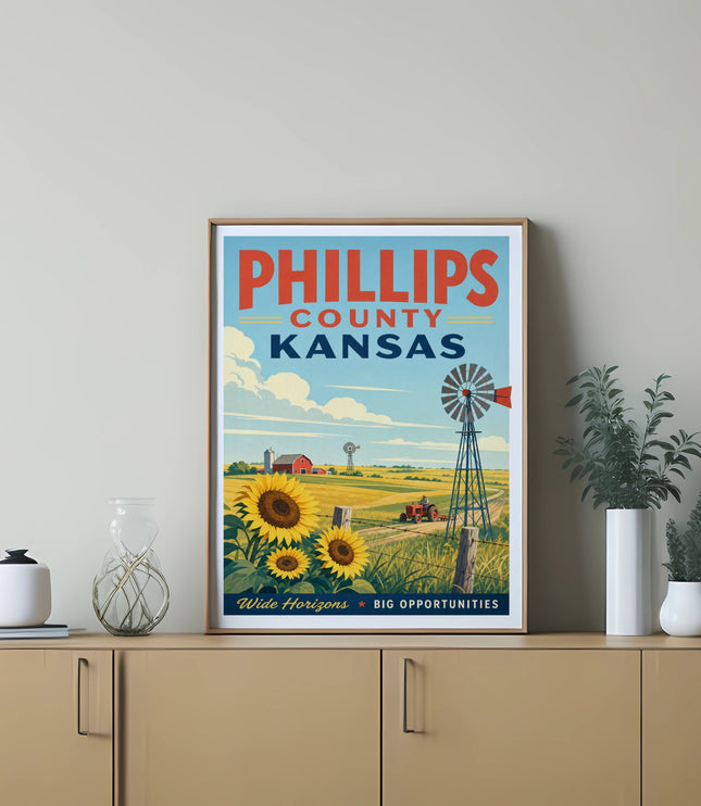 Phillips County Kansas poster with sunflowers and windmill.