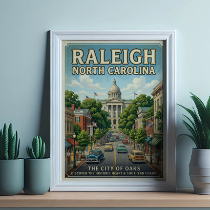 Retro poster of Raleigh, North Carolina, featuring the capitol building and vintage cars.
