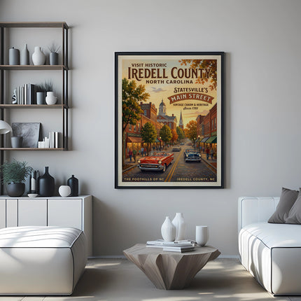 Vintage style poster of Statesville's Main Street with classic cars and buildings.