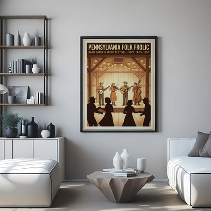 Pennsylvania Folk Festival poster with musicians on stage.
