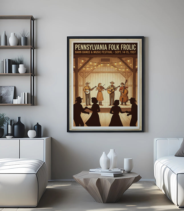 Pennsylvania Folk Festival poster with musicians on stage.