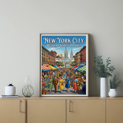 New York City Weekend Street Market poster with shops and people.