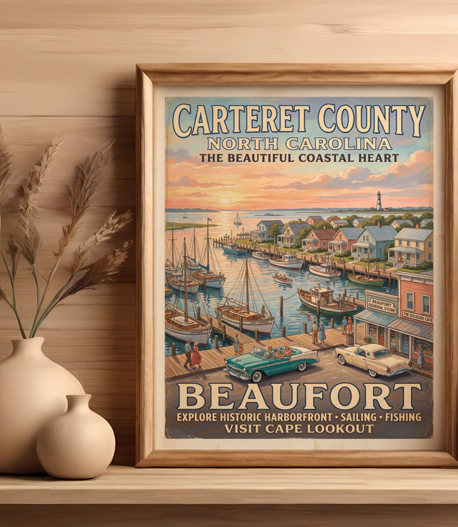 Carteret County North Carolina Beaufort poster with harbor, boats, cars, and lighthouse.
