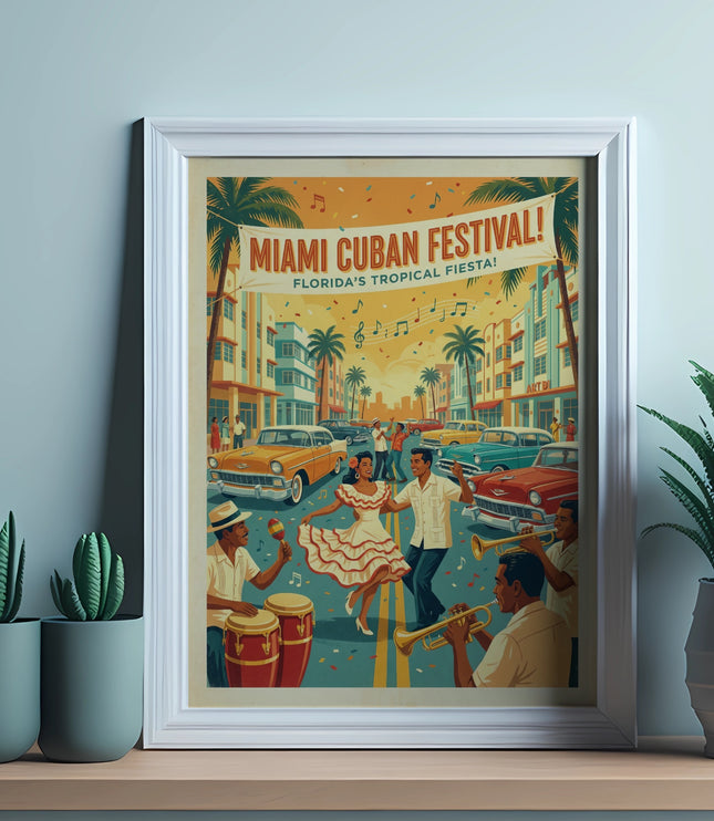 Miami Cuban Festival Florida's Tropical Fiesta poster with music and dancing people.