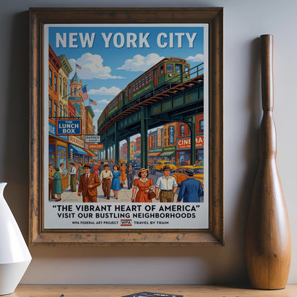 New York City WPA travel poster featuring a bustling street scene.