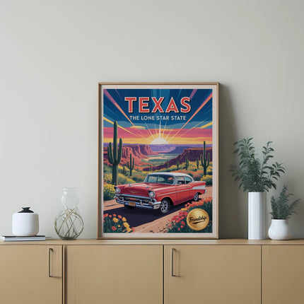 Vintage Texas The Lone Star State poster with a classic car and desert landscape.