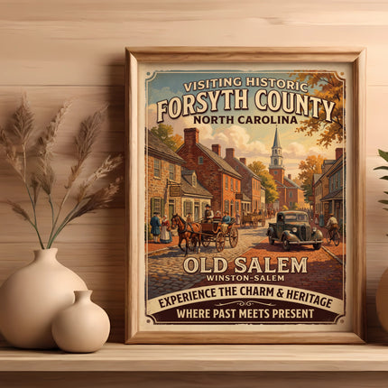 "Visiting Historic Forsyth County, NC" poster depicts Old Salem, Winston-Salem street scene.